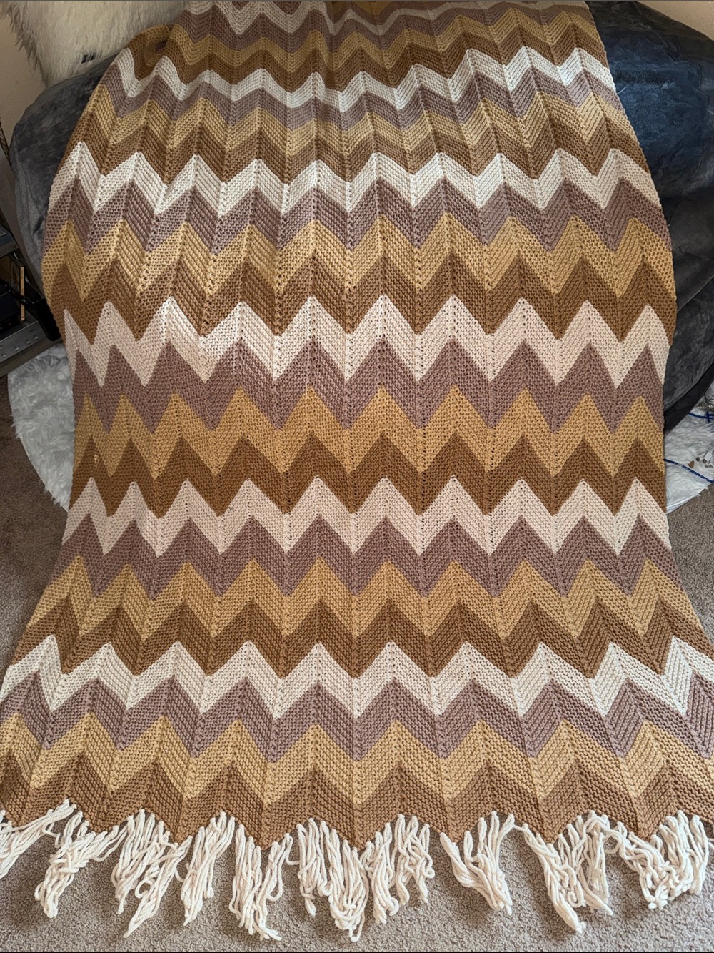 Neutral Chevron Knit Throw Blanket - Cream, Tan & Brown